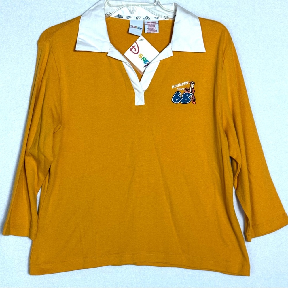Disney Tigger Bouncing Logo Large Gold 3/4 Sleeve Collared V-neck Shirt
